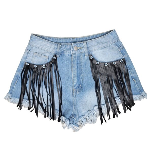 Shein Women's Frayed Denim Shorts With black Fringe Detail rocker shorts Size 27 - Picture 2 of 5